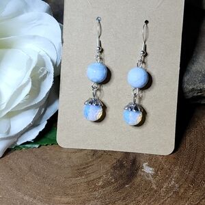 Hand Crafted Dangle Earrings With Blue And Opalescent Glass Beads